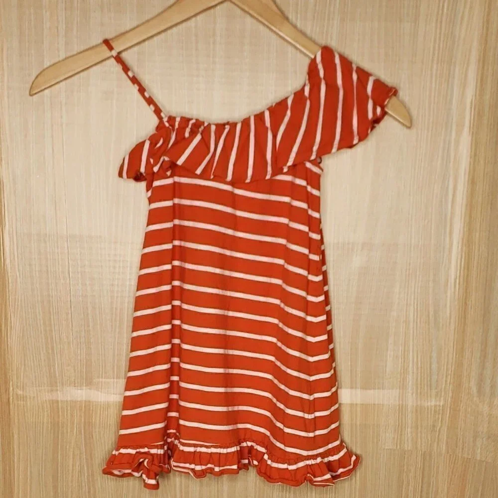 Gap Kids Orange Striped Ruffle Shoulder Dress 6-7